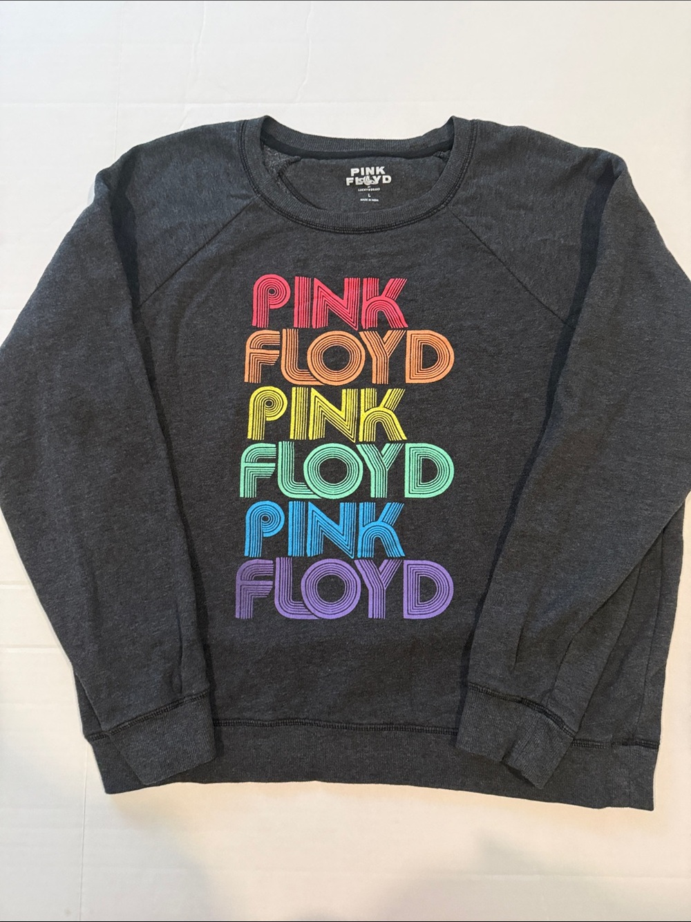 Lucky Brand Charcoal Crewneck Sweatshirt with Rainbow Pink Floyd Stack